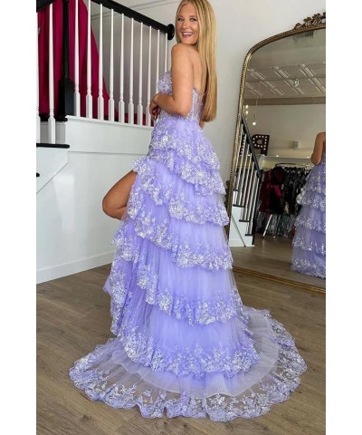 Tiered Lace One Shoulder Prom Dresses for Woman 2024 Tulle A-Line Formal Dress with Silt Peacock $44.94 Dresses