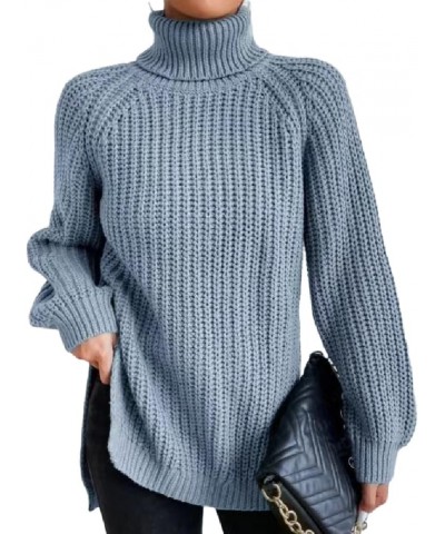 Trendy Turtleneck Sweater Women Split Hem Long Sleeve Dressy Pullover Sweaters Casual Work Lightblue $15.54 Sweaters