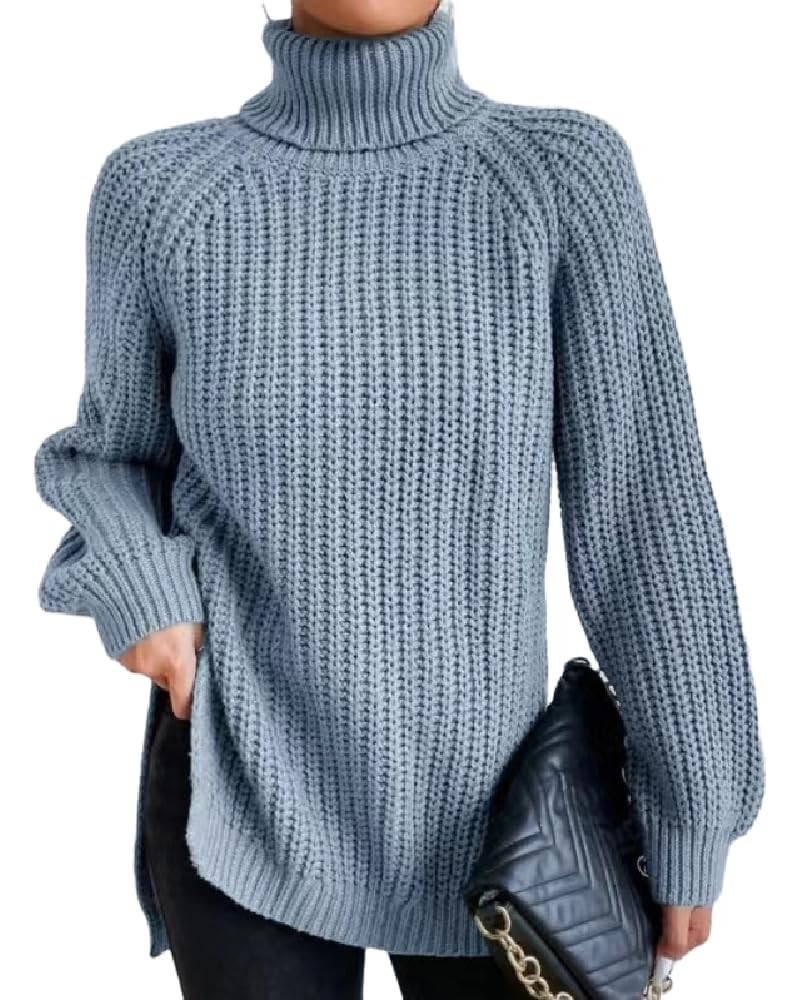 Trendy Turtleneck Sweater Women Split Hem Long Sleeve Dressy Pullover Sweaters Casual Work Lightblue $15.54 Sweaters