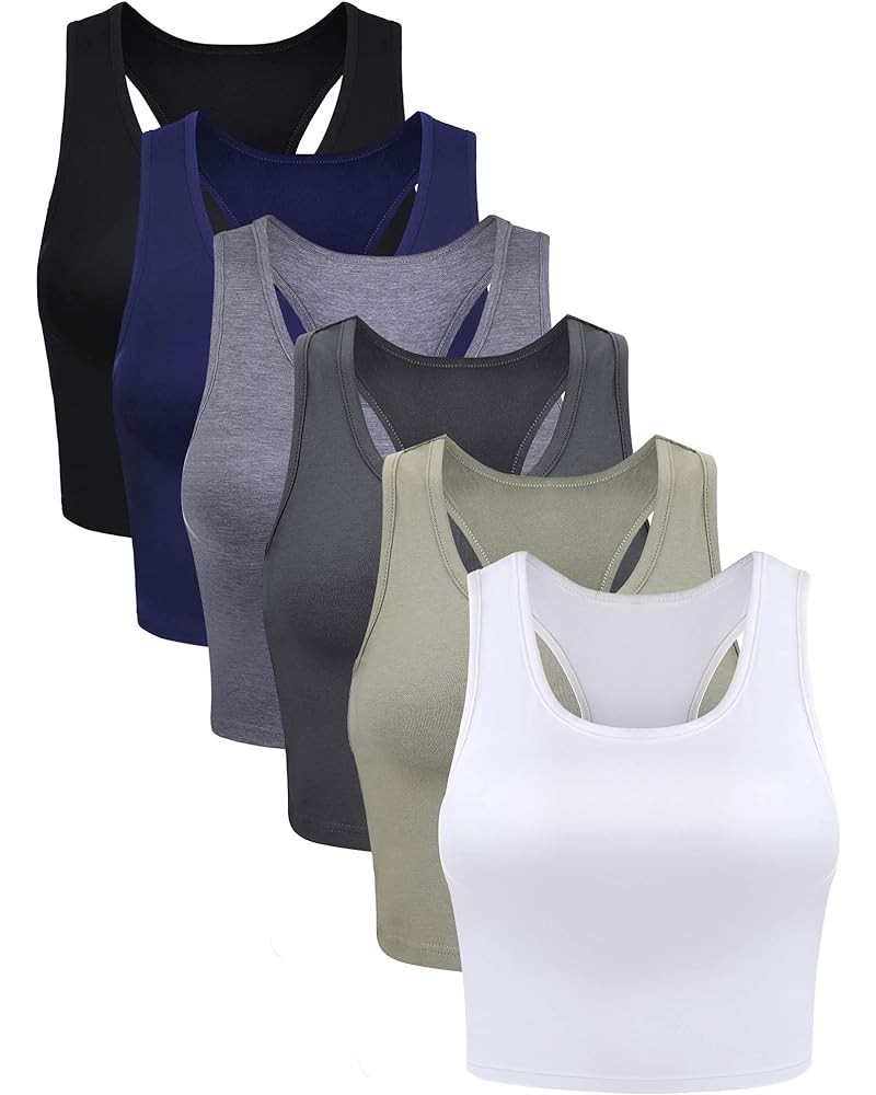 6 Pieces Basic Sleeveless Racerback Sports Crop Tank Tops for Women Girls Daily Wearing Black, White, Dark Grey, Navy, Grey, ...