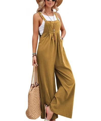 Women's Solid Linen Overalls Casual Loose Sleeveless Straps Bib Wide Leg Jumpsuit Baggy Beach Romper with Pockets Brown $10.4...