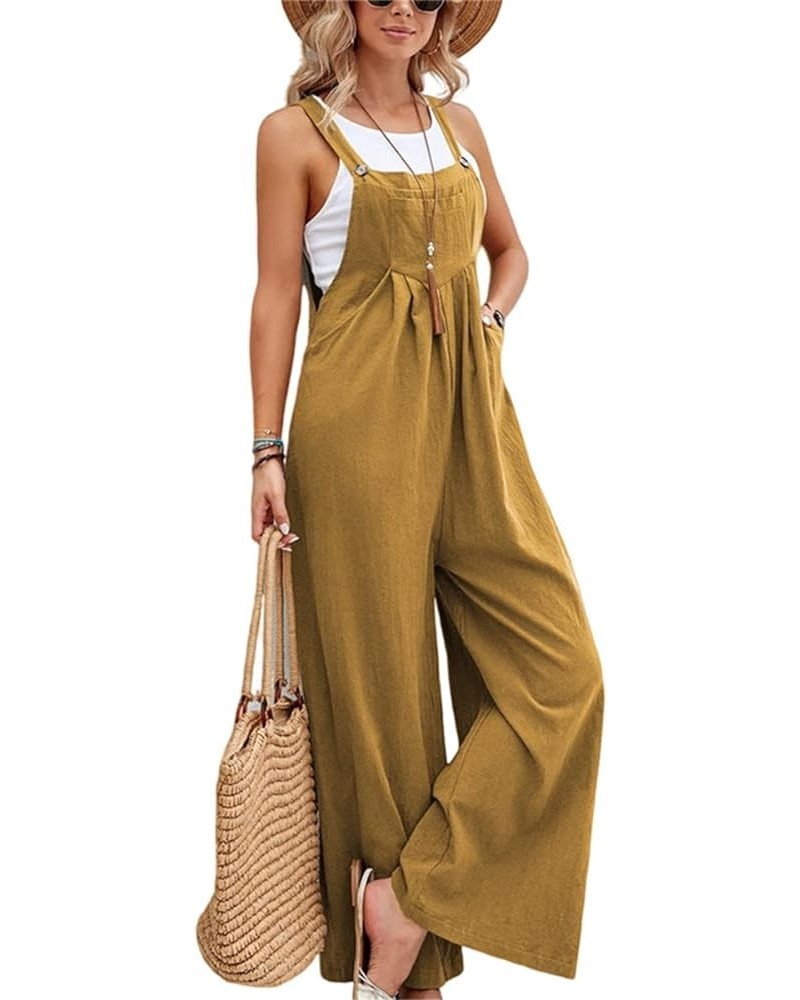 Women's Solid Linen Overalls Casual Loose Sleeveless Straps Bib Wide Leg Jumpsuit Baggy Beach Romper with Pockets Brown $10.4...