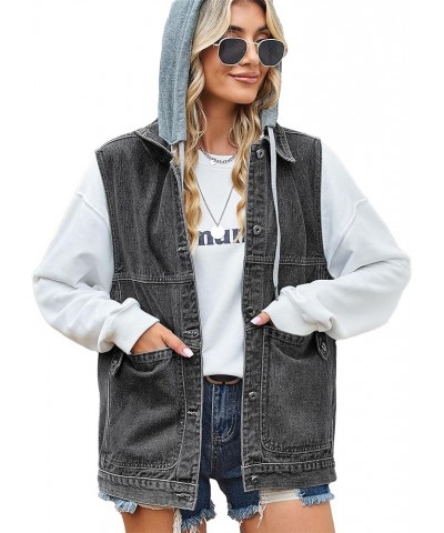 Women's Oversized Denim Vest Mid Long Jean Vest Sleeveless Jackets Distressed Vest Cotton A3-black With Hood $23.51 Vests