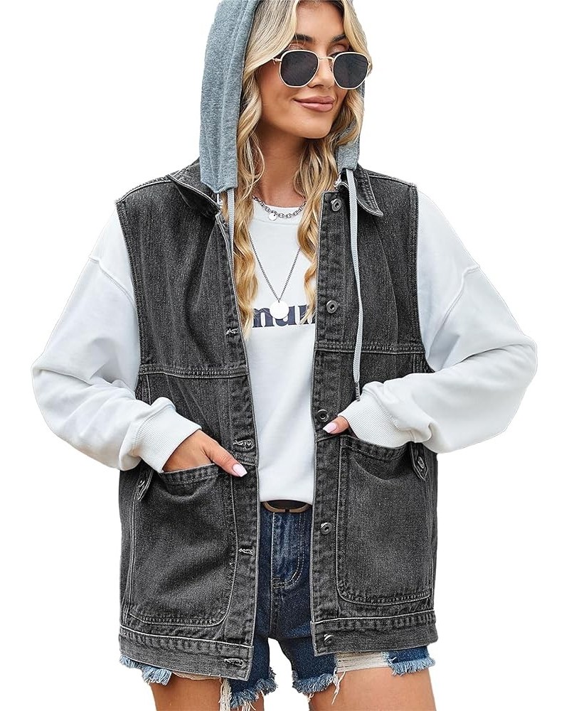 Women's Oversized Denim Vest Mid Long Jean Vest Sleeveless Jackets Distressed Vest Cotton A3-black With Hood $23.51 Vests