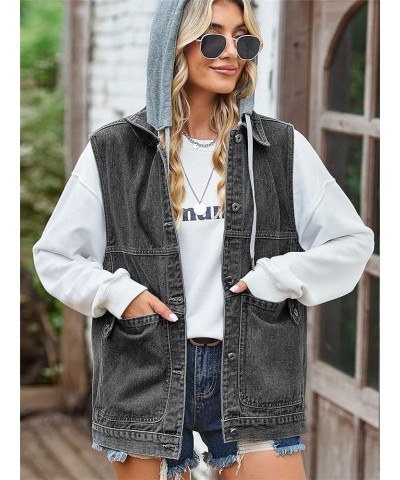 Women's Oversized Denim Vest Mid Long Jean Vest Sleeveless Jackets Distressed Vest Cotton A3-black With Hood $23.51 Vests