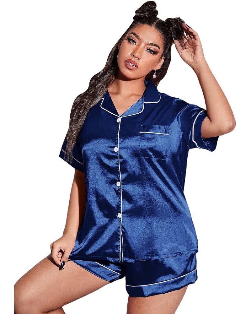 Women's Plus Sleepwear Satin Short Sleeve Shirt and Shorts Pajama Set Royal Blue $16.17 Sleep & Lounge