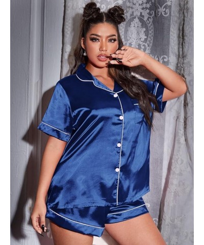 Women's Plus Sleepwear Satin Short Sleeve Shirt and Shorts Pajama Set Royal Blue $16.17 Sleep & Lounge