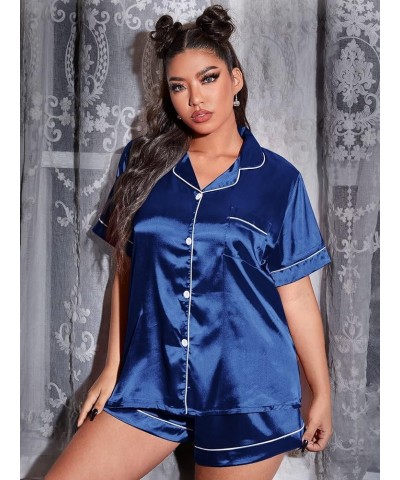 Women's Plus Sleepwear Satin Short Sleeve Shirt and Shorts Pajama Set Royal Blue $16.17 Sleep & Lounge