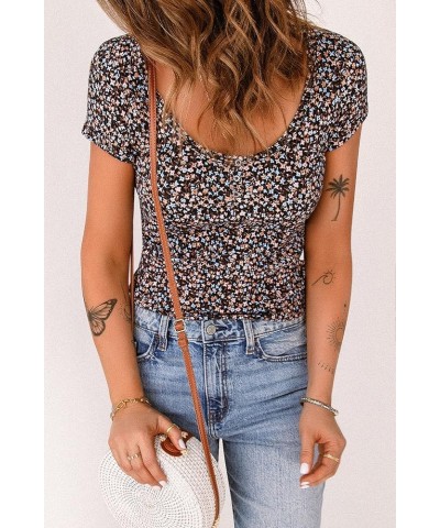 Women's Casual Summer Boho V Neck Cute Shirts Floral Flutter Sleeve Crop Tops Short Sleeve T-Shirts Black $8.24 Tops