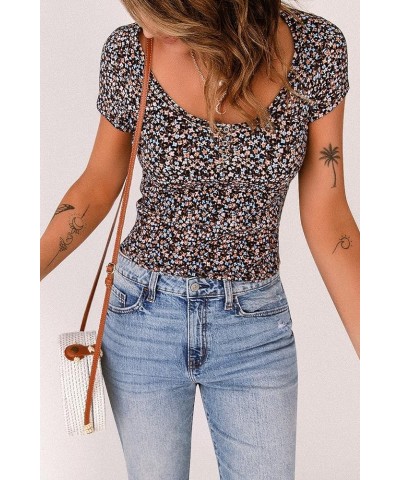 Women's Casual Summer Boho V Neck Cute Shirts Floral Flutter Sleeve Crop Tops Short Sleeve T-Shirts Black $8.24 Tops