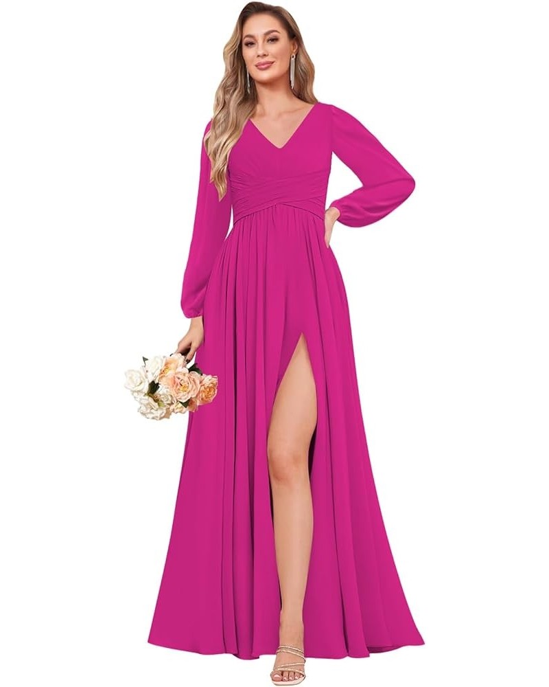 Women's Long Sleeve Bridesmaid Dresses with Slit Chiffon Ruched Evening Formal Gowns Fuchsia $32.90 Dresses