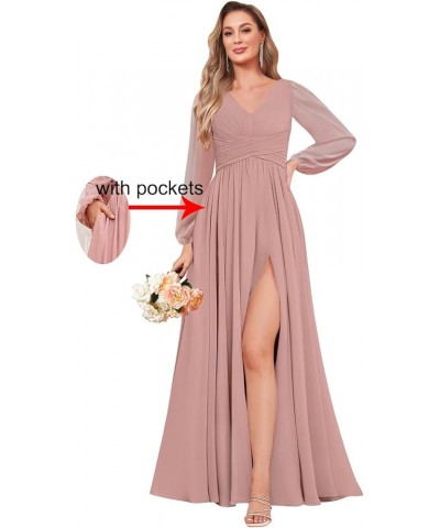 Women's Long Sleeve Bridesmaid Dresses with Slit Chiffon Ruched Evening Formal Gowns Fuchsia $32.90 Dresses