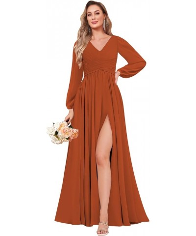 Women's Long Sleeve Bridesmaid Dresses with Slit Chiffon Ruched Evening Formal Gowns Fuchsia $32.90 Dresses