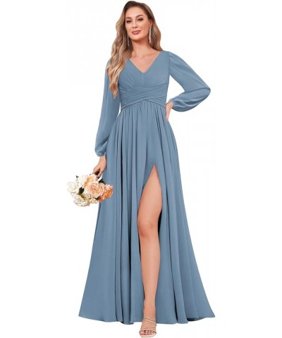 Women's Long Sleeve Bridesmaid Dresses with Slit Chiffon Ruched Evening Formal Gowns Fuchsia $32.90 Dresses