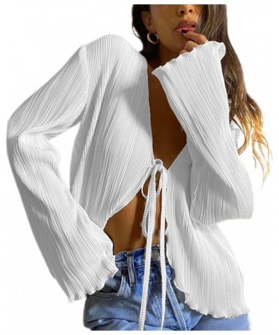 Women Tie-Up Cardigan T-Shirt Summer White Long Sleeve V Neck Lace Trim Tie Up Lantern Sleeve Crop Tops B White $11.79 Sweaters