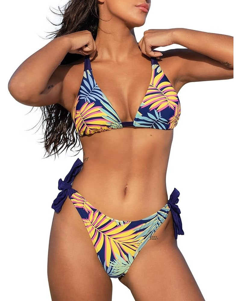 Women Bikini Set Swimwear Triangle Top Halter Tropical Print Tie Sides Low Waisted Bathing Suits Multicolor $12.92 Swimsuits