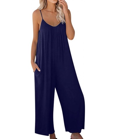 Sleeveless One Piece Jumpsuits for Women Dressy Casual Solid Overalls Loose Fit Spaghetti Strap Rompers with Pocket A3-dark B...