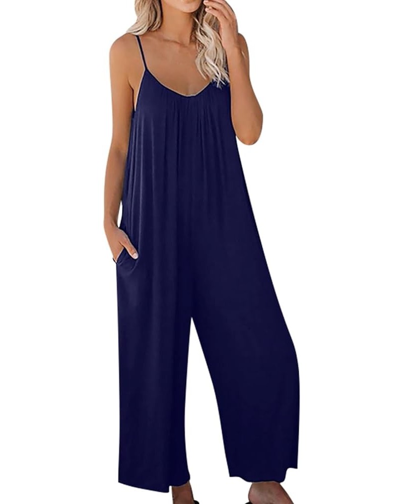 Sleeveless One Piece Jumpsuits for Women Dressy Casual Solid Overalls Loose Fit Spaghetti Strap Rompers with Pocket A3-dark B...