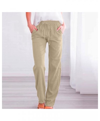 Linen Pants Women Summer Casual Pants Straight Leg Drawstring Elastic High Waist Loose Comfy Trousers with Pockets Z1-beige $...