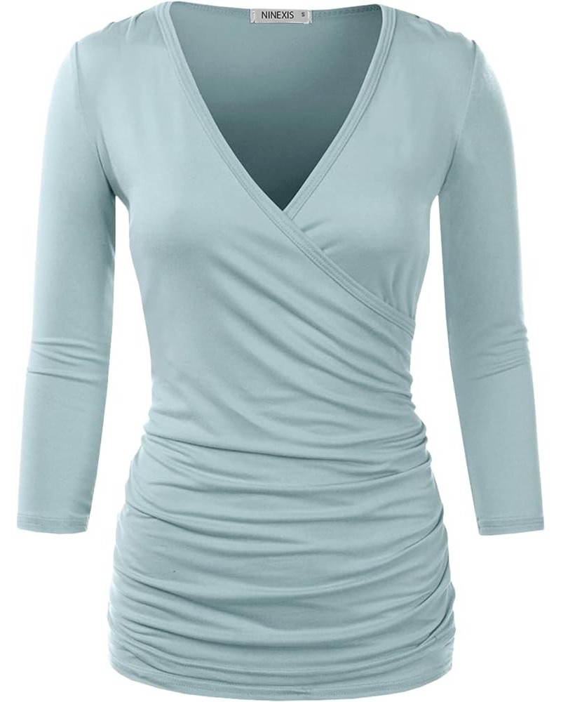 3/4 Sleeve Satin Ruched Hem Tank Tops Deep V Neck Tops Casual Basic Wrap Style T Shirts for Womens with Plus Size Skyblue $10...