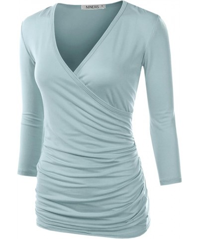 3/4 Sleeve Satin Ruched Hem Tank Tops Deep V Neck Tops Casual Basic Wrap Style T Shirts for Womens with Plus Size Skyblue $10...