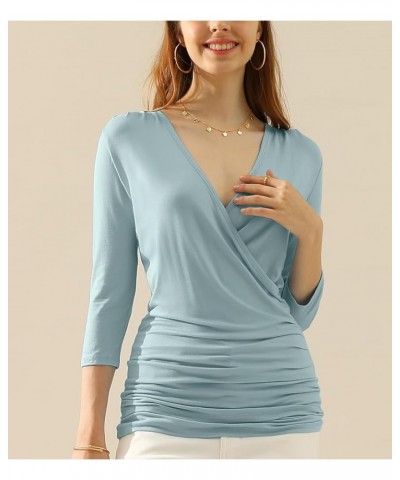 3/4 Sleeve Satin Ruched Hem Tank Tops Deep V Neck Tops Casual Basic Wrap Style T Shirts for Womens with Plus Size Skyblue $10...