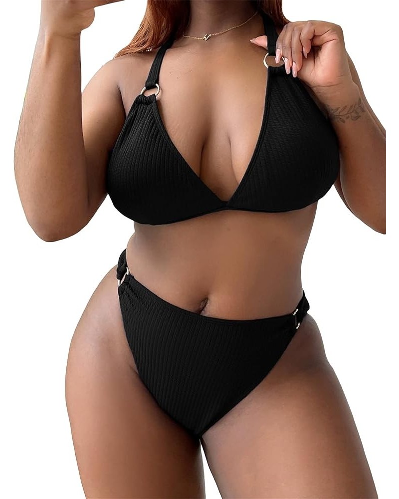 Women's Plus Size 2 Piece Sets V Neck Bathing Suits Ring Linked Bikini Swimsuit Black $12.09 Swimsuits