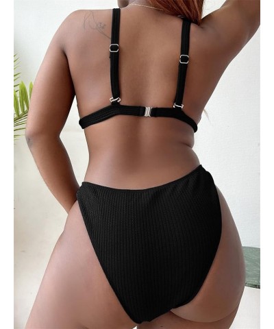 Women's Plus Size 2 Piece Sets V Neck Bathing Suits Ring Linked Bikini Swimsuit Black $12.09 Swimsuits