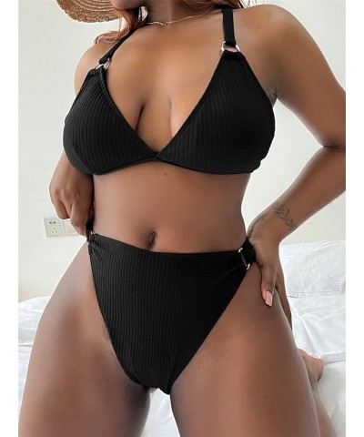 Women's Plus Size 2 Piece Sets V Neck Bathing Suits Ring Linked Bikini Swimsuit Black $12.09 Swimsuits