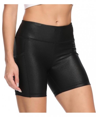 Women's High Waist Yoga Shorts Compression Workout Running Bike Shorts Side Pockets 5" Black Pattern $14.74 Activewear