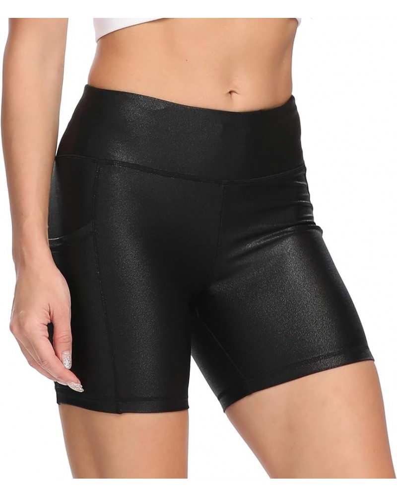 Women's High Waist Yoga Shorts Compression Workout Running Bike Shorts Side Pockets 5" Black Pattern $14.74 Activewear