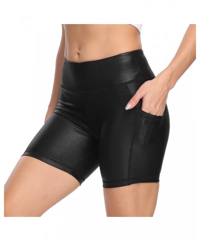 Women's High Waist Yoga Shorts Compression Workout Running Bike Shorts Side Pockets 5" Black Pattern $14.74 Activewear