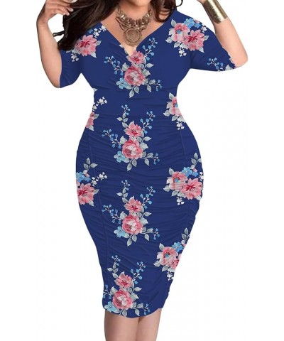 Plus Size Dresses for Women Sexy Wrap Ruched V Neck Midi Bodycon Dress Elegant Pencil Business Dresese for Church Blue/Flower...