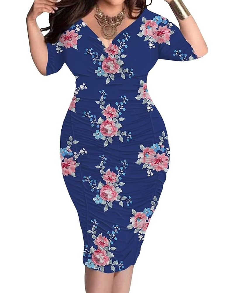 Plus Size Dresses for Women Sexy Wrap Ruched V Neck Midi Bodycon Dress Elegant Pencil Business Dresese for Church Blue/Flower...