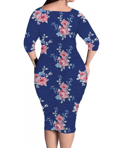 Plus Size Dresses for Women Sexy Wrap Ruched V Neck Midi Bodycon Dress Elegant Pencil Business Dresese for Church Blue/Flower...