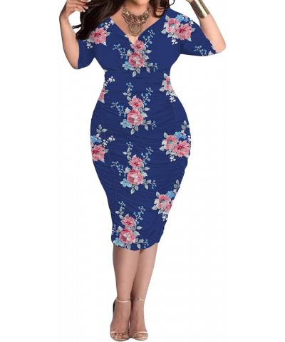 Plus Size Dresses for Women Sexy Wrap Ruched V Neck Midi Bodycon Dress Elegant Pencil Business Dresese for Church Blue/Flower...