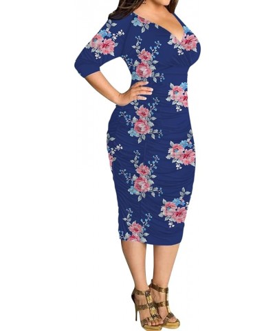 Plus Size Dresses for Women Sexy Wrap Ruched V Neck Midi Bodycon Dress Elegant Pencil Business Dresese for Church Blue/Flower...