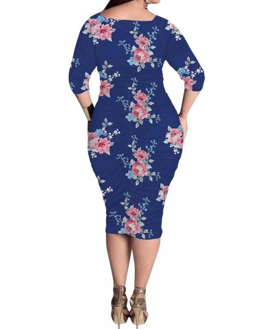 Plus Size Dresses for Women Sexy Wrap Ruched V Neck Midi Bodycon Dress Elegant Pencil Business Dresese for Church Blue/Flower...