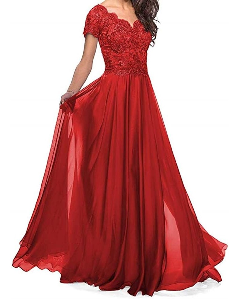 Lace Appliques Mother of The Bride Dresses Long Chiffon A line Short Sleeves Wedding Party Gowns for Women Red $32.25 Dresses