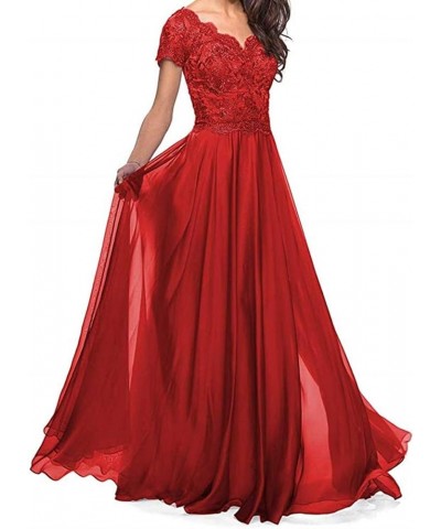 Lace Appliques Mother of The Bride Dresses Long Chiffon A line Short Sleeves Wedding Party Gowns for Women Red $32.25 Dresses