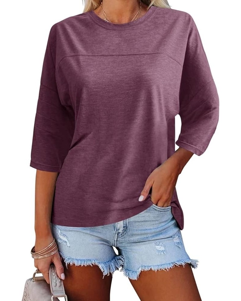 Women's Casual 3/4 Sleeve T-Shirts Loose Round Neck Cute Tunic Tops Basic Tees Blouses Wine Red $17.10 T-Shirts