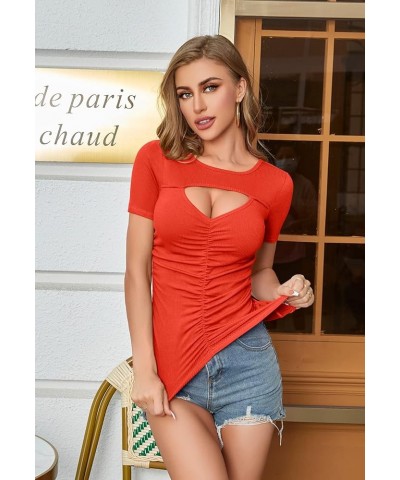 Women Sexy Front Cut Out Tops Ruched Rib Knit T-Shirts Spring Summer Shirt Short Sleeve-red $13.50 T-Shirts