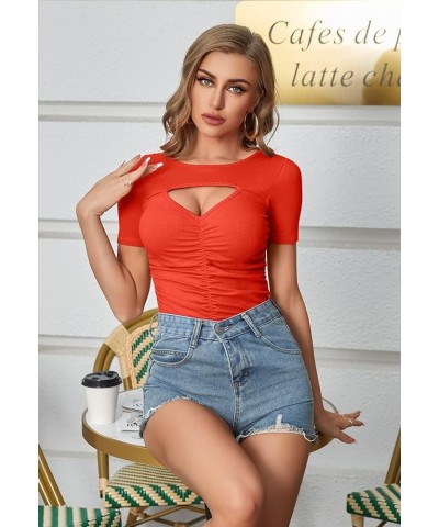 Women Sexy Front Cut Out Tops Ruched Rib Knit T-Shirts Spring Summer Shirt Short Sleeve-red $13.50 T-Shirts