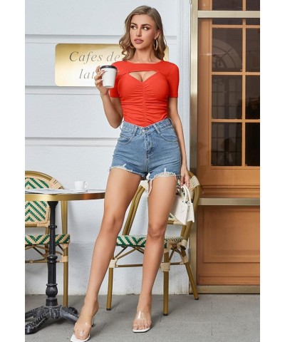 Women Sexy Front Cut Out Tops Ruched Rib Knit T-Shirts Spring Summer Shirt Short Sleeve-red $13.50 T-Shirts