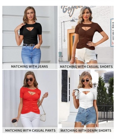 Women Sexy Front Cut Out Tops Ruched Rib Knit T-Shirts Spring Summer Shirt Short Sleeve-red $13.50 T-Shirts