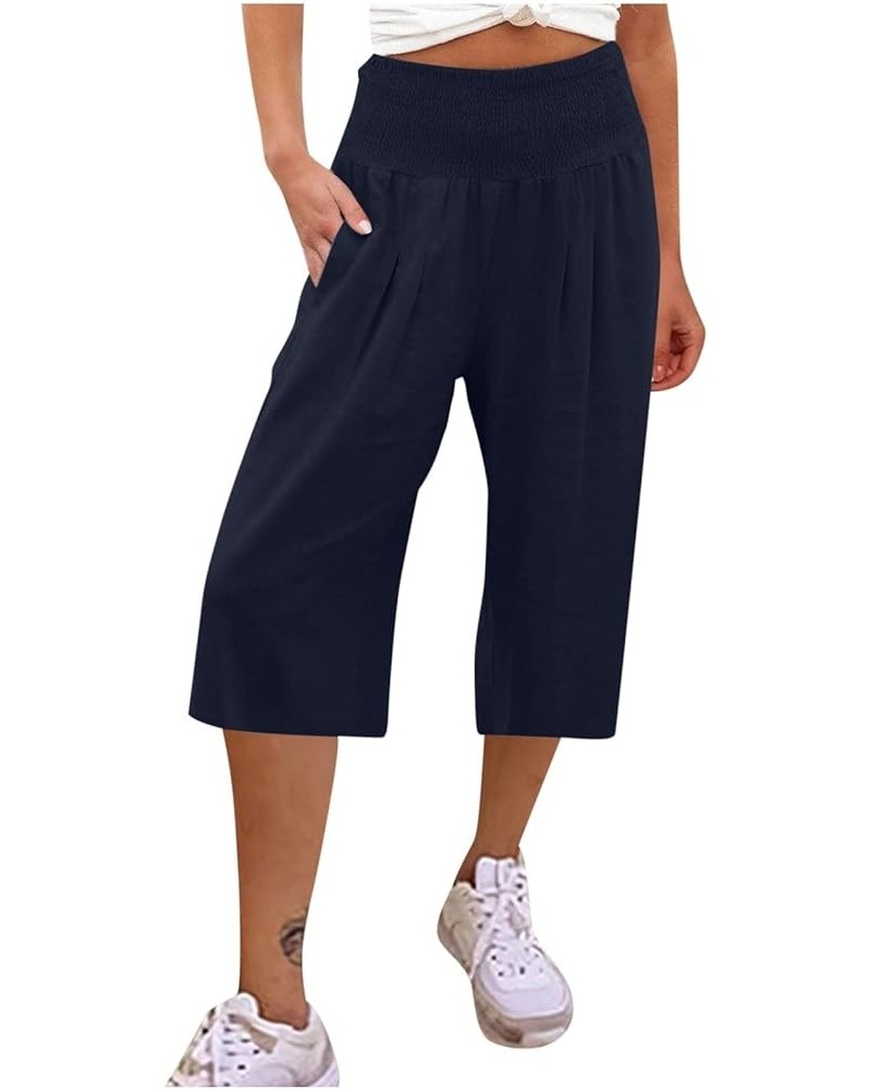 Capris for Women Casual Summer Elastic Waist Linen Capri Pants Wide Leg Cropped Pants Loose Cooling Crop Trousers C1_navy $7....