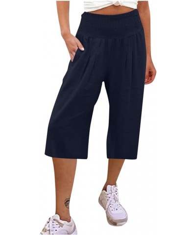 Capris for Women Casual Summer Elastic Waist Linen Capri Pants Wide Leg Cropped Pants Loose Cooling Crop Trousers C1_navy $7....