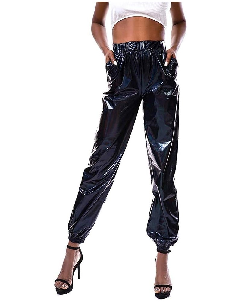 Womens High Waisted Metallic Jogger Pants, Casual Holographic Hip Hop Workout Trousers Club Black $11.47 Activewear