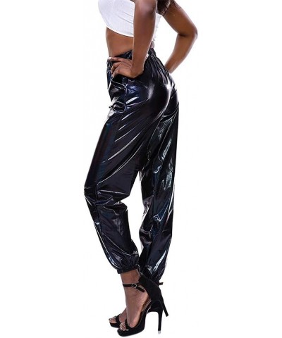 Womens High Waisted Metallic Jogger Pants, Casual Holographic Hip Hop Workout Trousers Club Black $11.47 Activewear