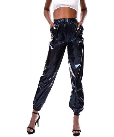 Womens High Waisted Metallic Jogger Pants, Casual Holographic Hip Hop Workout Trousers Club Black $11.47 Activewear